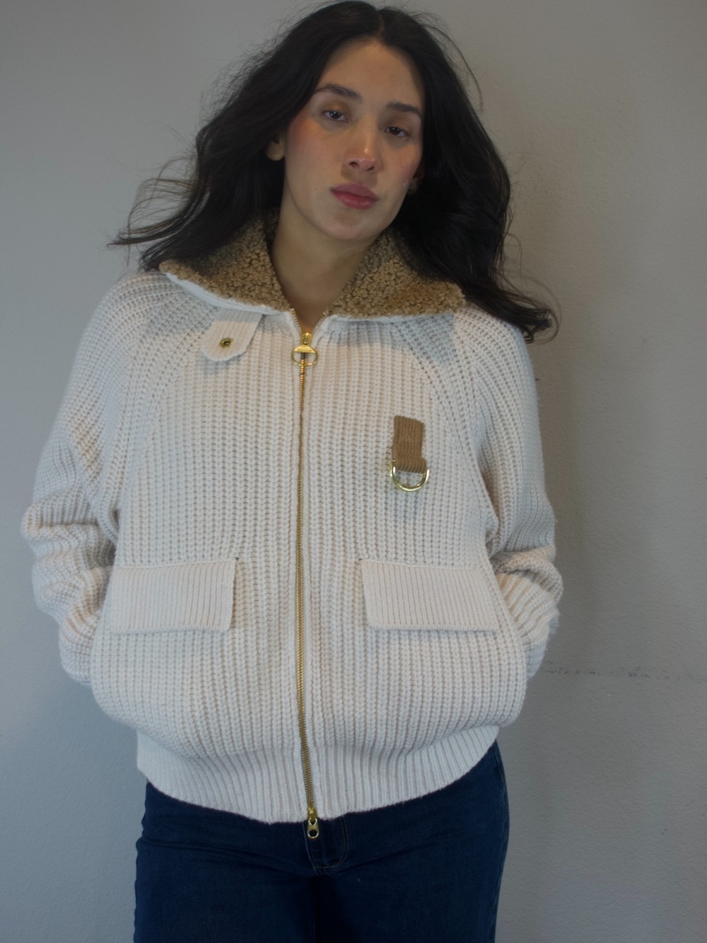 Barbour International Cadwell Chunky Knit Zip Cardigan Size US 6